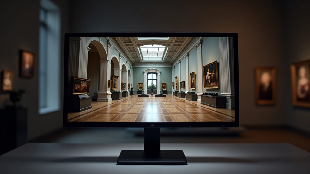 Datora ekrāns ar virtuālas muzeja galerijas skatu, klasiskās mākslas darbi digitālā vidē
