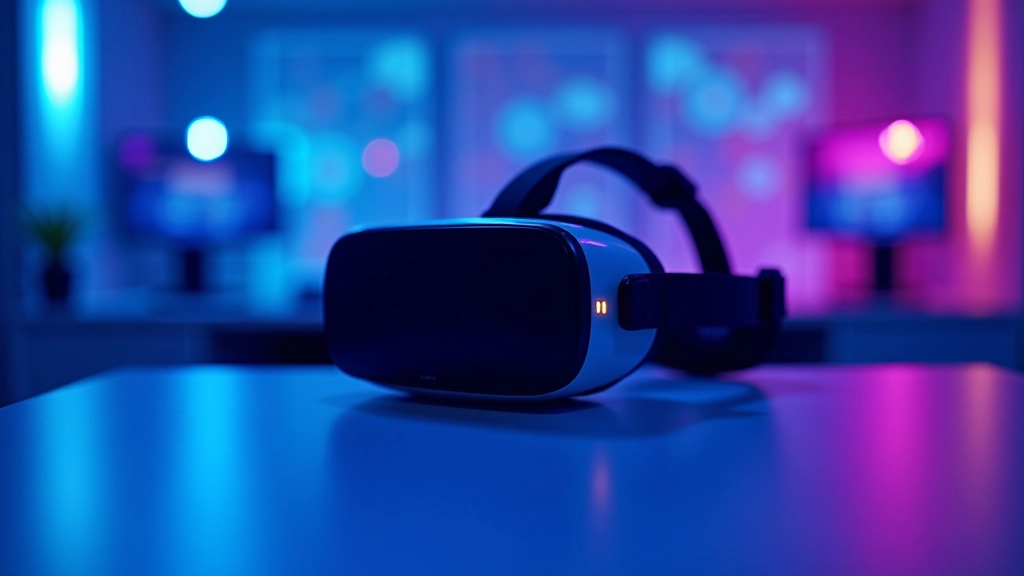 Moderns VR austiņu displejs ar zilu un violetu apgaismojumu