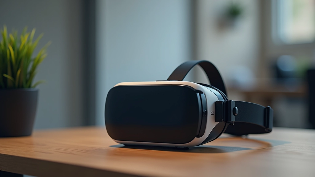 Moderna VR austiņa uz galda ar holografisku interfeisu, tehnoloģijas un inovācijas simbols