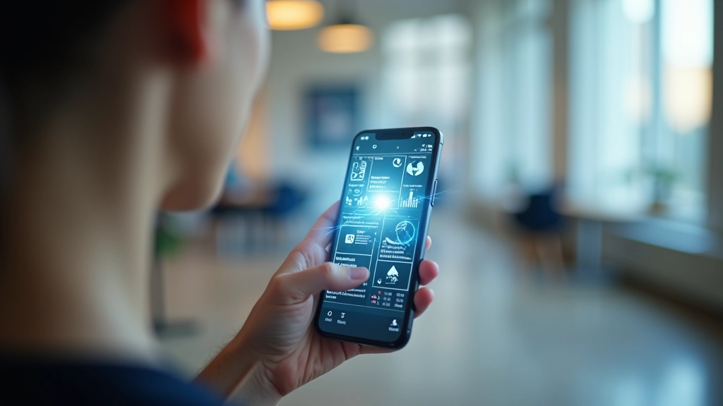 Interaktīva augmented reality aplikācija uz smartphone ekrāna, rāda digitālu objektu overlej reālas vides fona