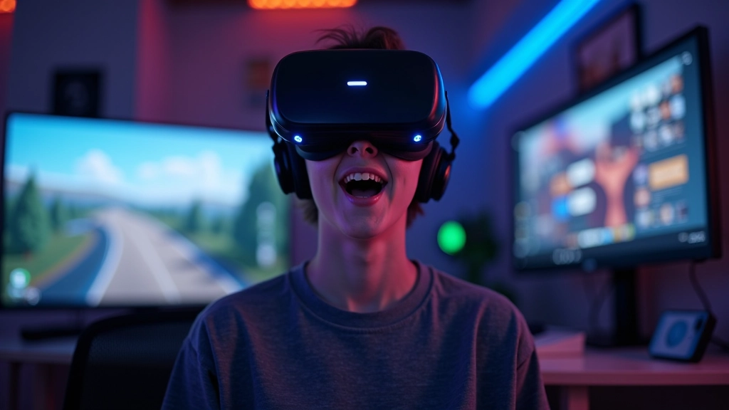 Jauks spēlētājs VR vidē, jauktā realitāte izklaides kontekstā, enerģiska pozitīva atmosfēra